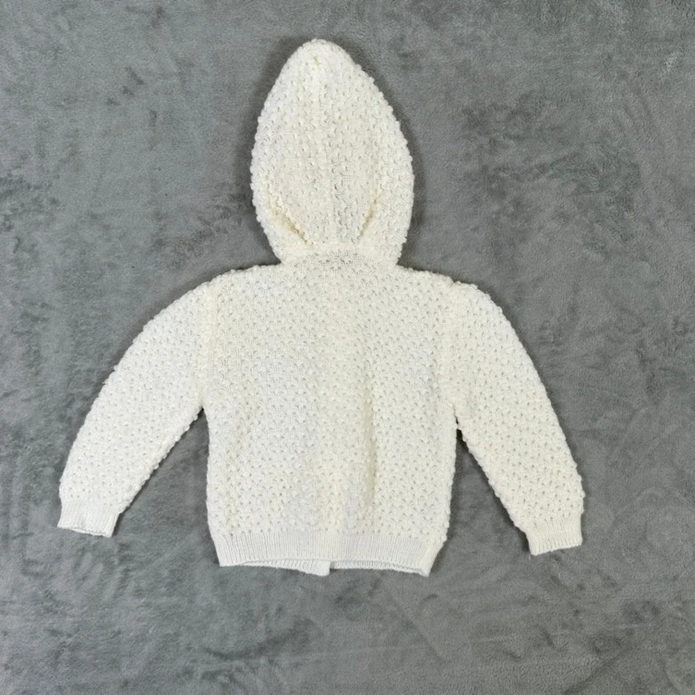 Vintage Handmade Knit Baby Set Ivory Hooded Cardigan & Pants Popcorn Pointelle